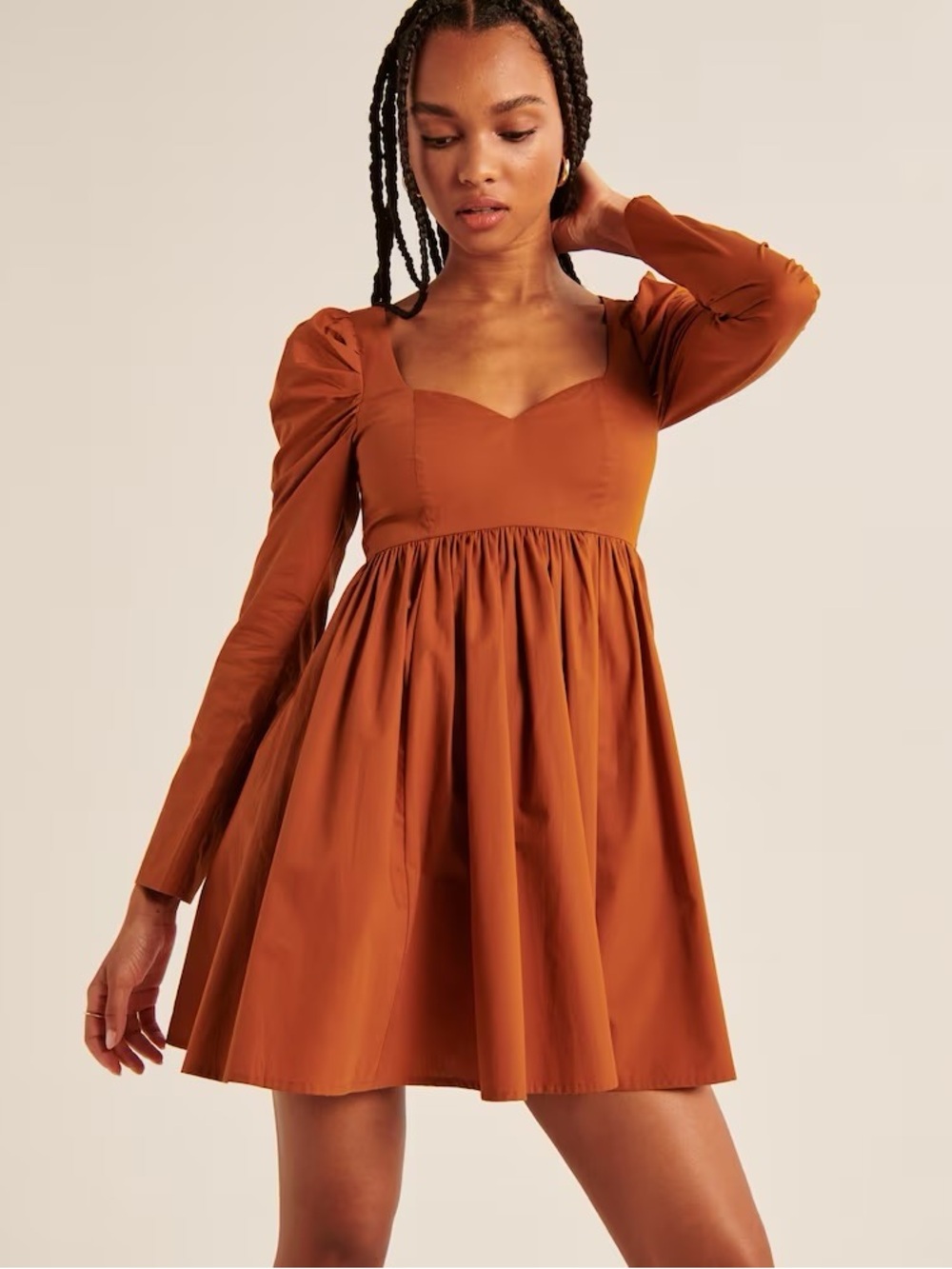 Abercrombie & Fitch Burnt Orange Long-Sleeve Square Neck Smock Dress